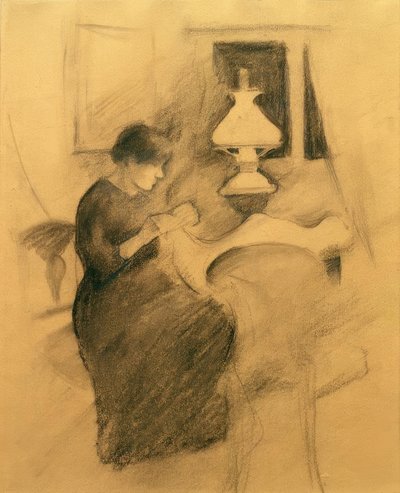 Girl Sewing by the Lamp (Elisabeth) by August Macke